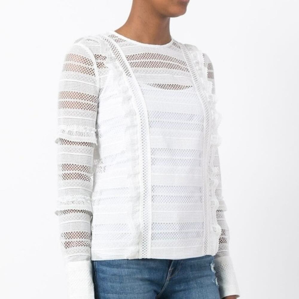 SELF-PORTRAIT White Sheer Panel‎ Striped Grid guipure-lace Top Size 4